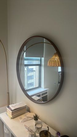 Large Round Wall Mirror with Wood Frame