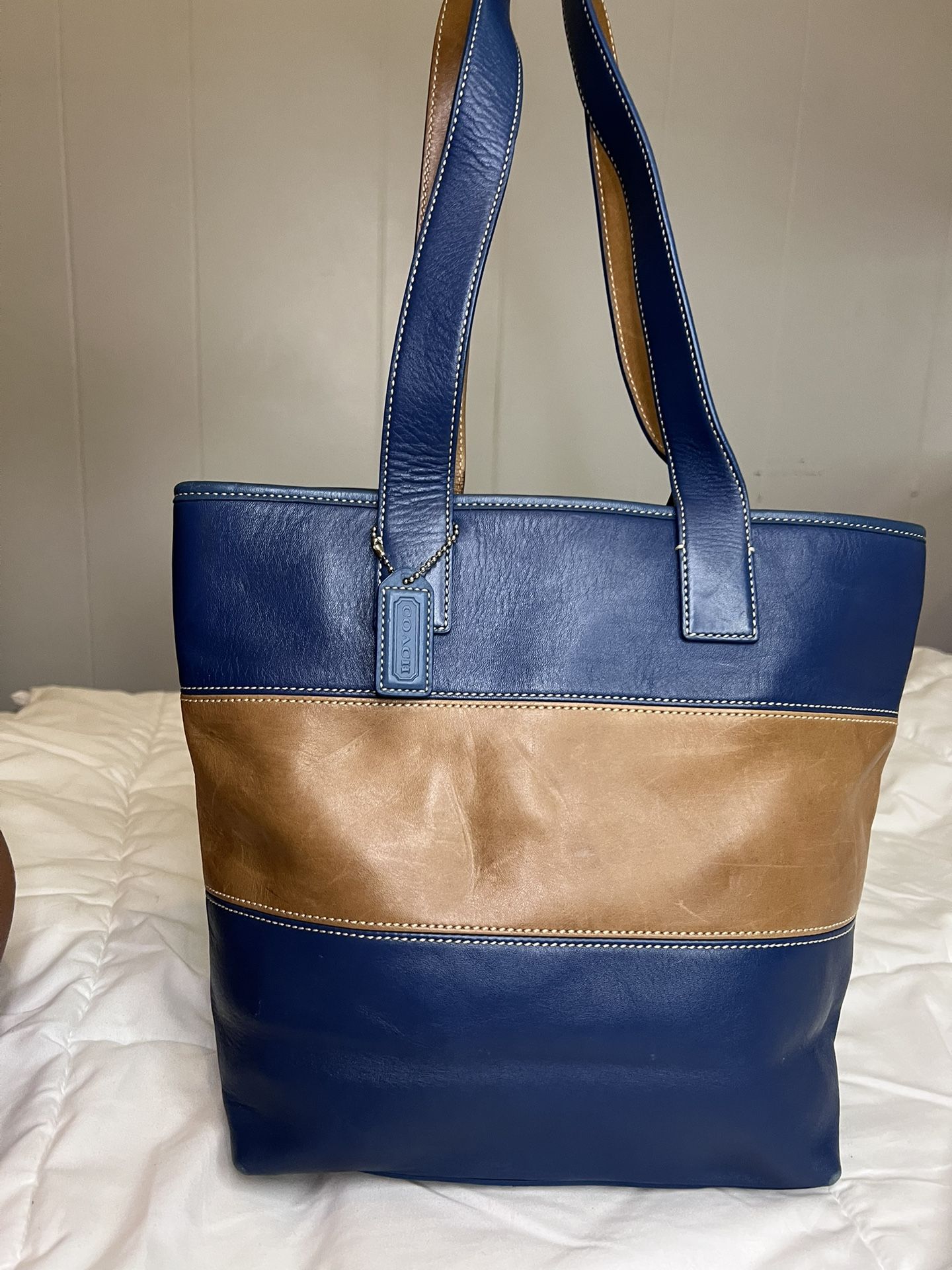 NWT Coach 9348 Legacy Rugby Stripe Tote Blue/Brown Leather Colorblock Vintage
