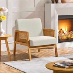 Boucle Fabric Accent Chair, Vintage Rattan Vanity Chair with Wood Armrest and Legs for Living Room Bedroom Makeup Room