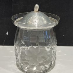 Vintage Etched Glass Sterling Lidded Jam Jelly Mustard Jar 