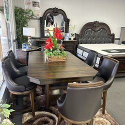 7PC Dining Table Set w/ Leather Swivel Chairs 