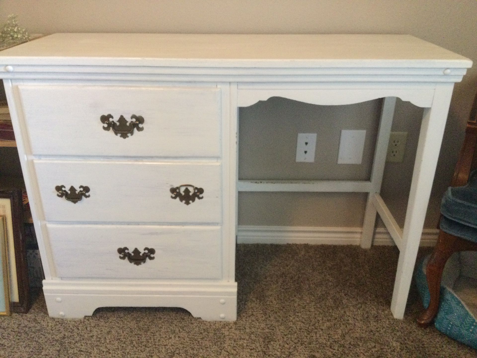 White wood desk three drawers 45”L x32”H x 17”D