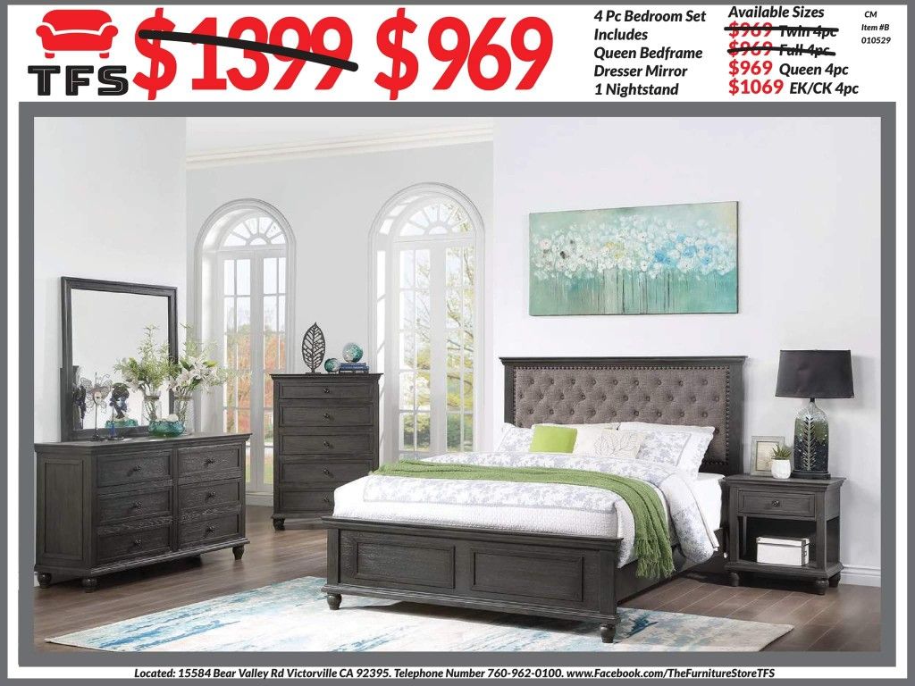 4pc Bedroom Set $969 Queen $1069 Eastern King/California King Includes Bedframe Dresser mirror nightstand Rustic Brown Bedroom Set