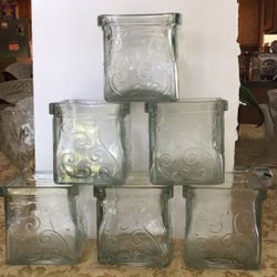 Estate Sale.      Set of  6.     Vintage Clear Square Embossed Scroll Pattern Planter Bowl Dish Vase 