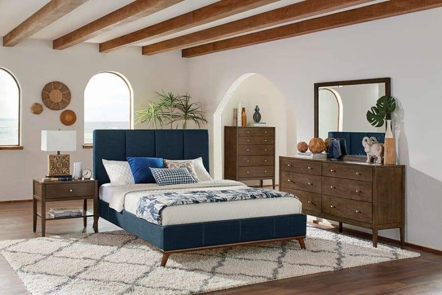 AVAILABLE QUEEN BED FRAME BLUE (FABRIC). $53 DOWN PAYMENT