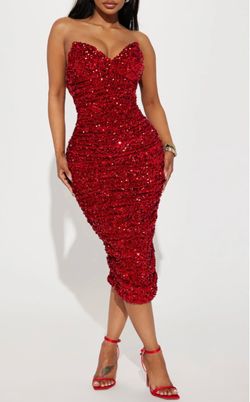Red Sequin Strapless Ruched Midi Dress