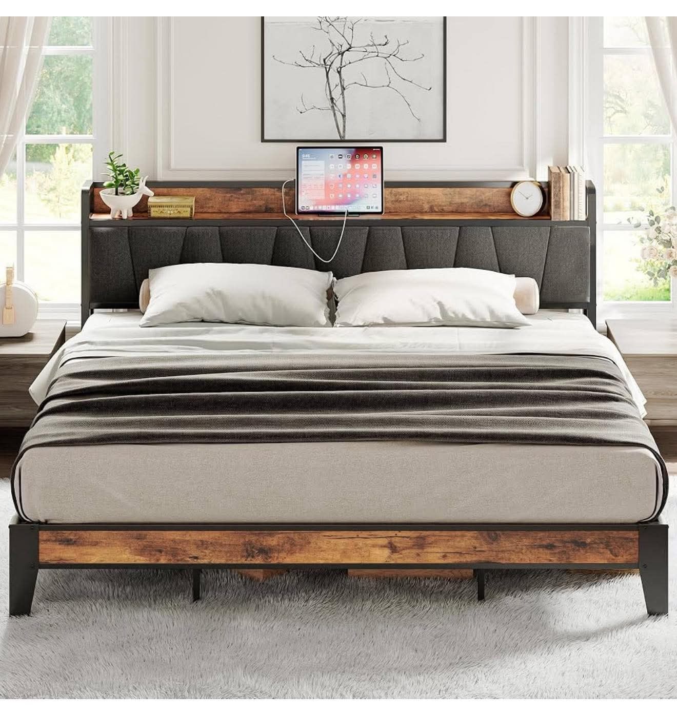 King Size Bed Frame, Storage Headboard with Charging Station, Y-15