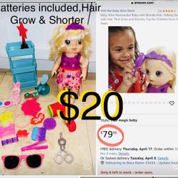 $20 Baby Alive Snip and Style, Baby doll with growing hair, talks! Batteries and accesories included