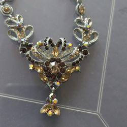 Necklace/ Earrings. Rhinestone Silver Tone Citrine Tone Adjustable Dangle