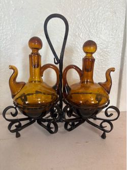 Vintage Collectible Oil & Viniger Amber Glass Server With Decorative Iron Caddy Vintage Spain