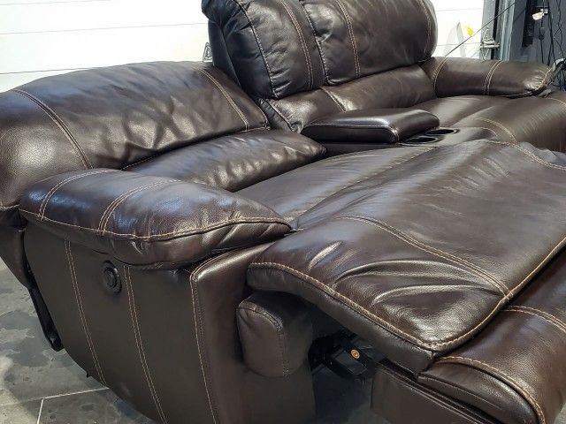 Extended Genuine Leather Electric Loveseat With Console Storage And Cupholders