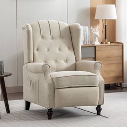 1742e  Push Back Recliner Mid-Century Modern Accent Chair Reading Chair Tufted Fabric Arm Chair for Living Room w/Heat Massage/Side Pockets Easy to As