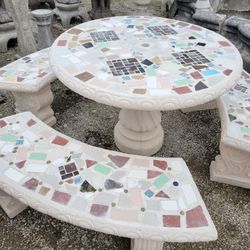 Concrete Mosaic Picnic Table with 3 Benches/ Outdoor Patio Furniture
