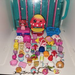 lot of Shopkins figures, diecast cars, display case, and charm bracelot