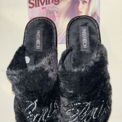 Paris Hilton Black Fluffy Rhinestone M 7-8 Slippers