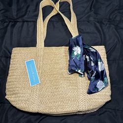 Draper James Straw Tote with Floral Scarf Woven Cottagecore Bag Summer Purse