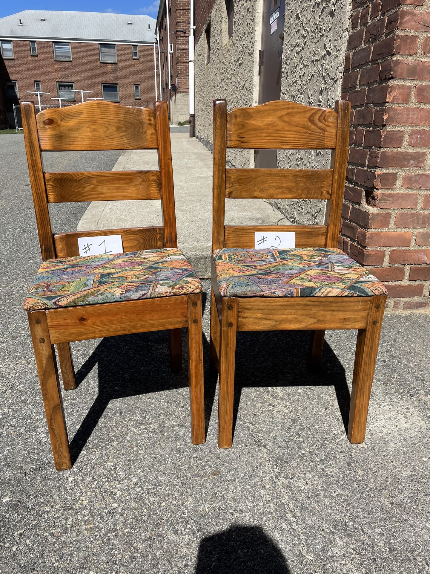 Two 2 Solid Wood Chairs, 35” Newly Upholstered