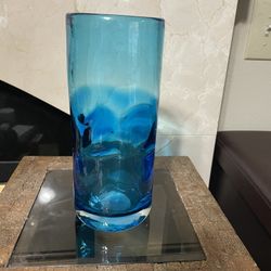 Blenko Style Cobalt Blue Smooth Finish Dimple Glass Vase 9.5”H