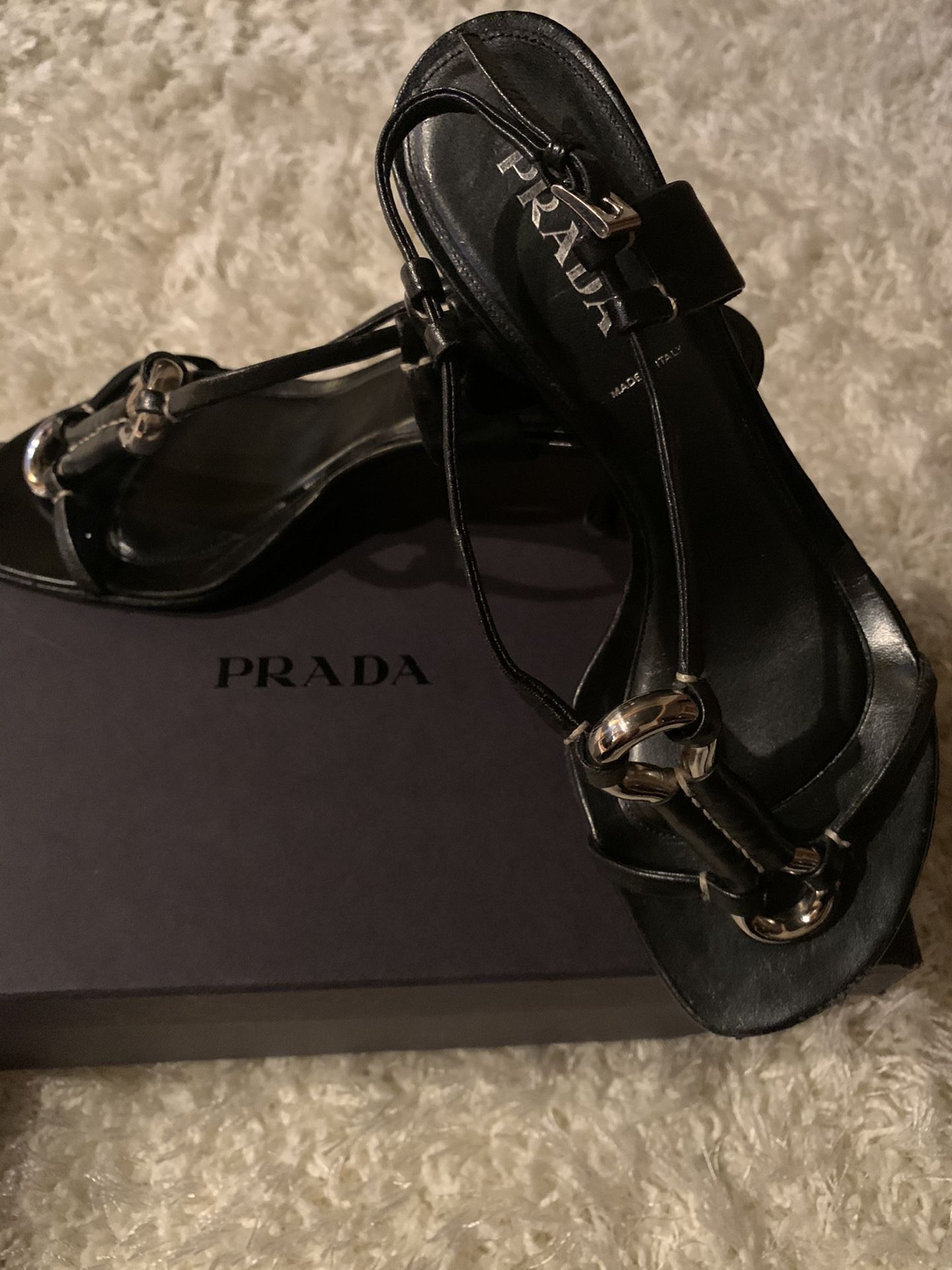 PRADA black leather heel open toe shoe
