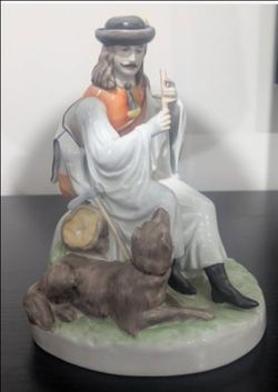 Zsolnay Porcelain Figurine of Shepherd Playing His Flute, with a Dog at his Feet