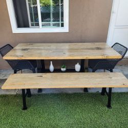Real Wood Patio Set/ Outdoor Furniture Dining Table, Benches And Chairs 