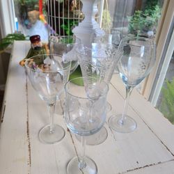 Wine glasses crystal,cut glass barware boho Shabbychic (6)