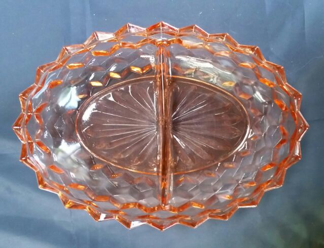 Vintage Cubist Depression Glass Divided Serving Dish