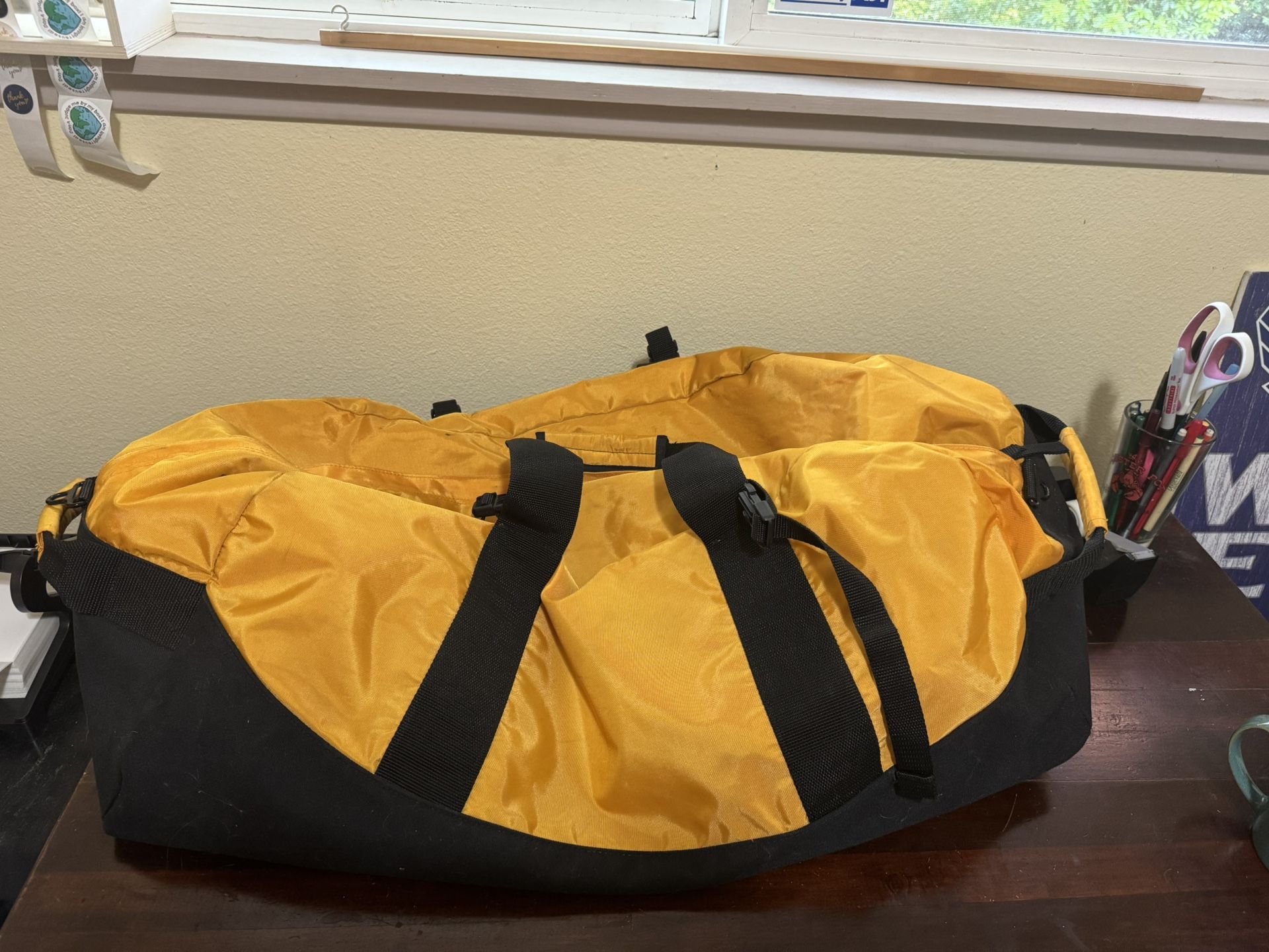 LL BEAN Large Duffle Bag Heavy Duty Nylon Yellow & Black Sport Bag Gym Vintage