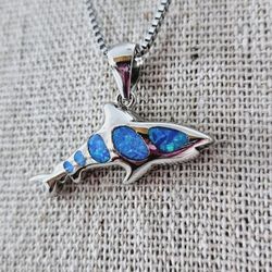 18" 925 Marked 18K White Gold Plated Shark Pendant Charm Silver Necklace with Crystals & Blue Inlay. New. Opened only for photographing. Makes a great