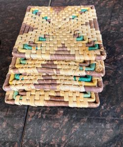 Set of 4 Vintage Woven Raffia Square Trivets / Hot Pads