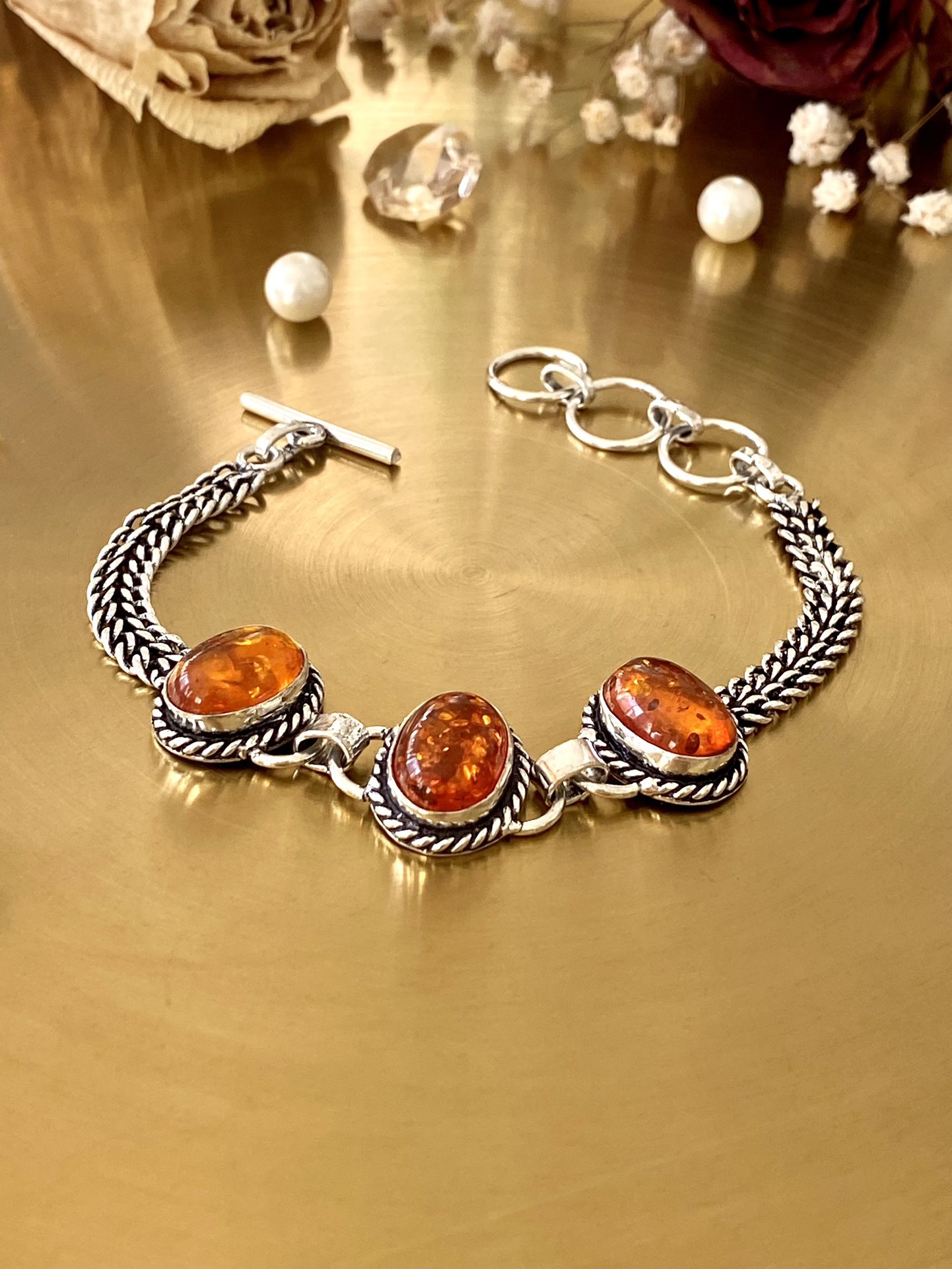 Baltic Amber 925 Sterling Silver Overlay Handcrafted Bali Style Bracelet