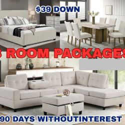 NEW 3 ROOM PACKAGE DEAL- BED MATTRESS DINING ROOM SECTIONAL SOFA AND MORE 