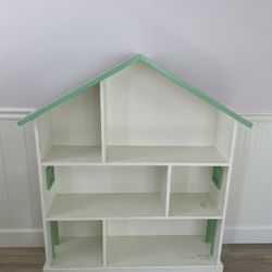 Kids Dollhouse Style Bookshelf – White & Green Wooden Shelf