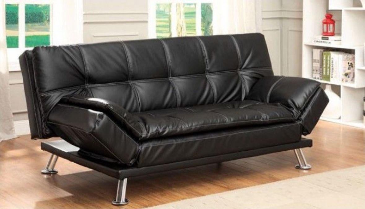 NEW BLACK LEATHER ADJUSTABLE FUTON