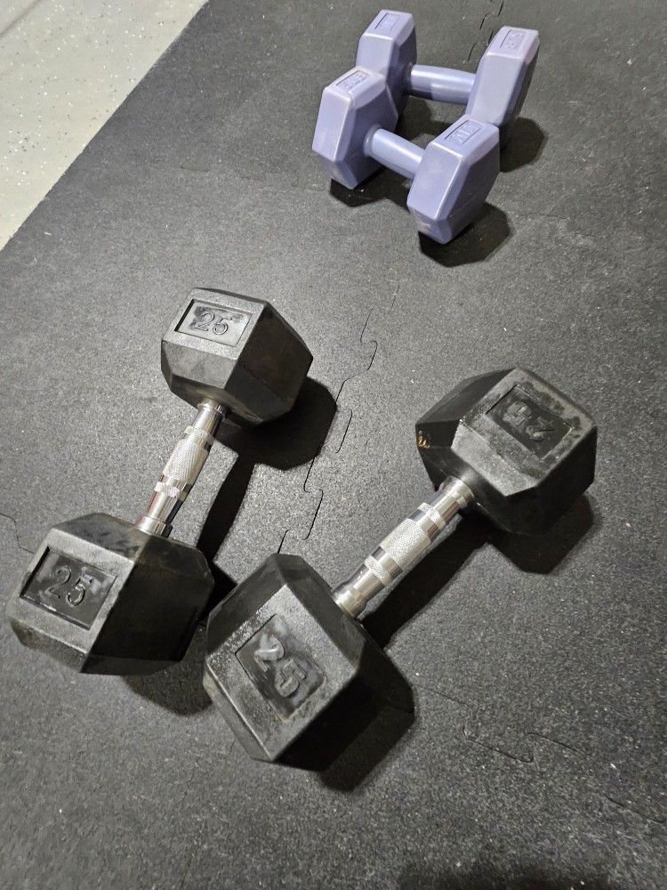 DUMBBELLS 25 LBS. PAIR AND 5 LBS. PAIR