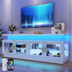 ChVans 71" LED TV Stand with Power Outlet for up 85" TVs, Modern High Gloss Gaming Entertainment Center, White TV Console Table with Glass Door and St