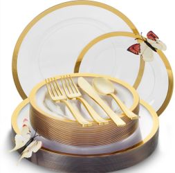 By Madee HEAVYWEIGHT 150 Pcs Clear And Gold Plastic Plates And Silverware | Fancy Disposable Dinnerware Set For 25 Guests | Perfect For Elegant Events