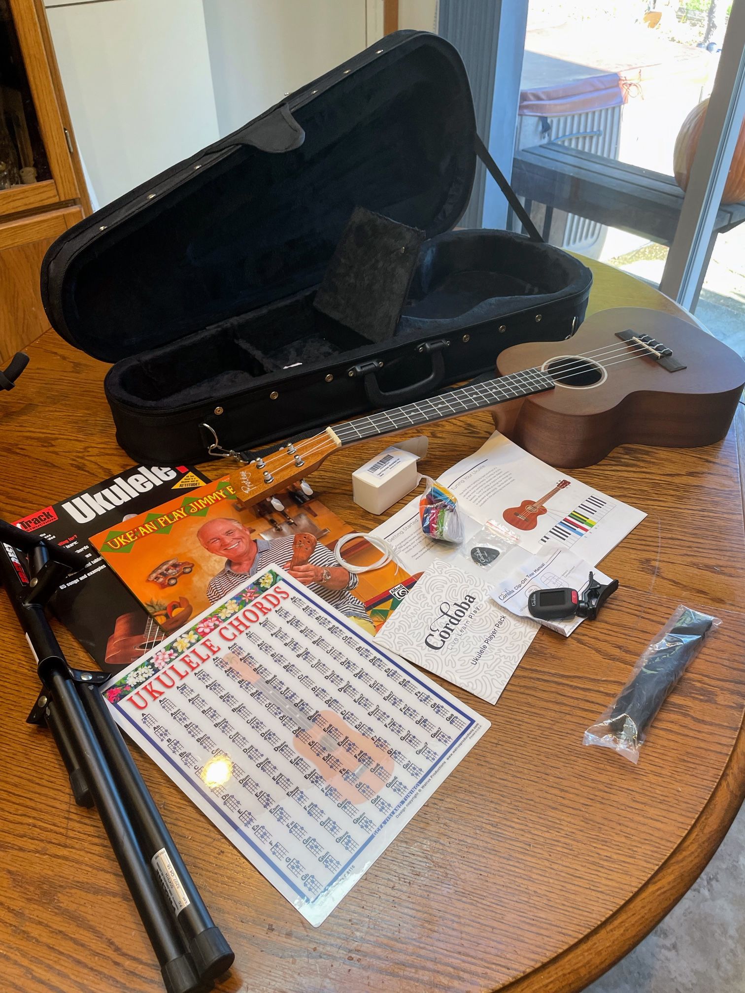 TENOR UKE, HARD CASE, TUNER, BOOKS, PICKS, CORDS OBO