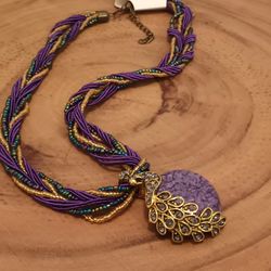 Vintage Bohemian Peacock Style Handmade Beaded Faux Gemstone Necklace & Pendant.