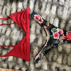 red bikini swimsuit top set tropical flower print bottoms 