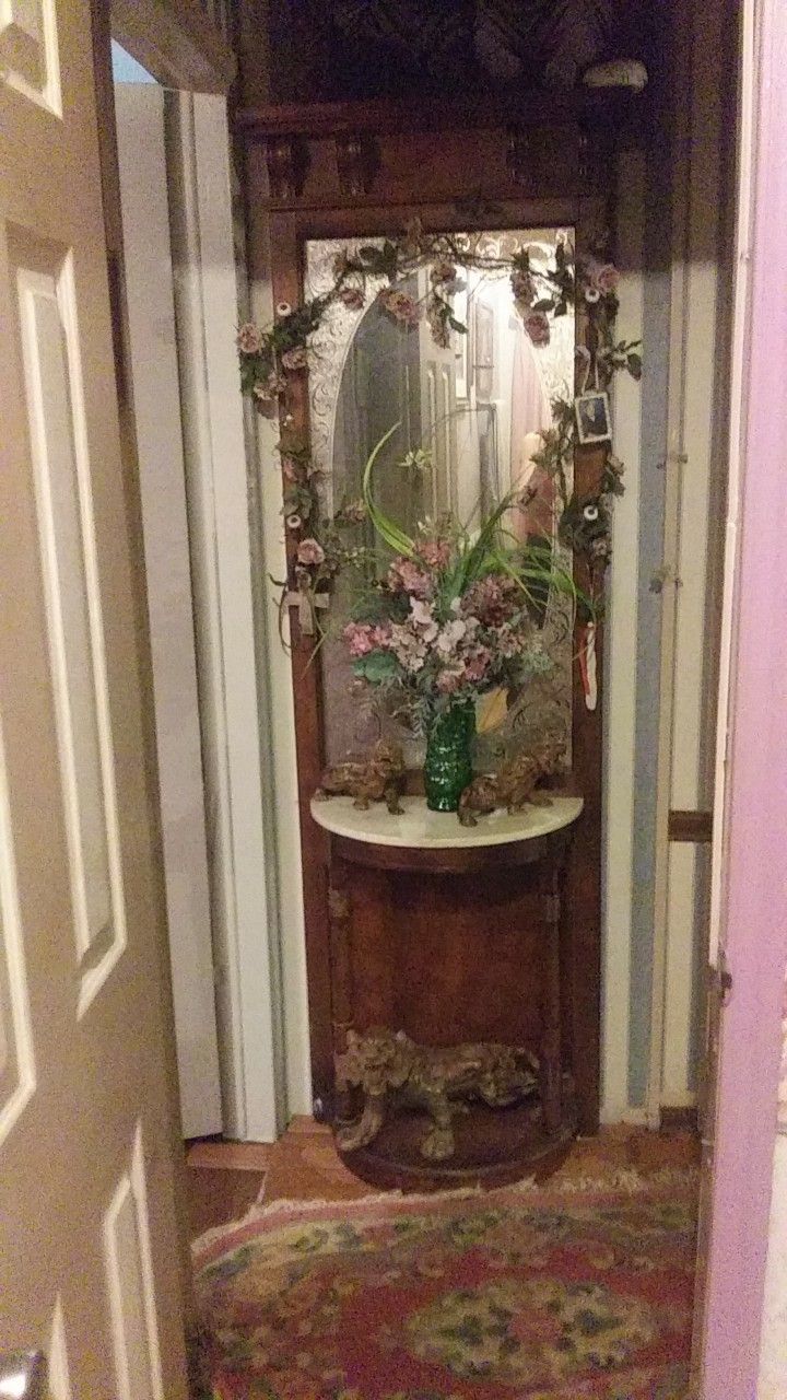 Vintage hall tree marble top with etched mirror