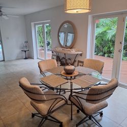 Glass + Iron Dining Table + 4 Iron Rolling Chairs