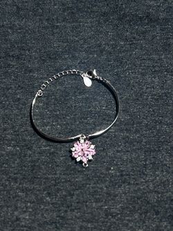 925 Sterling Silver Flower Pink Chain Bracelet