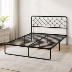 Brand New Queen Size Metal Bed Frame – Black Upholstered Headboard