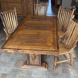 Recycled Mine Wood Table and 4 Log Style Chairs