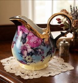Vintage Floral Pitcher with Ornate Gold Handle & Pink Roses