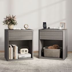 NEW! Night Stand Set of 2 Nightstands with Drawer Storage Fluted Bed Side Table End Table Large Modern Wide Bedside Mid Century Night Stands for Bedro