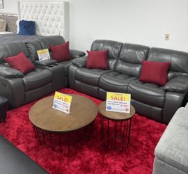 Holiday sale. Madrid, gray leather reclining sofa and loveseat set only $1299. Easy finance option. Same day delivery.
