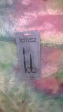 facial grooming brush and scissors