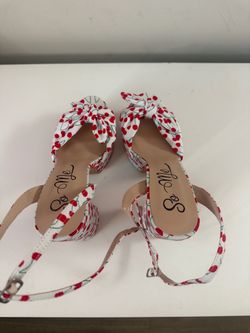 White cherry print platform sling back heels